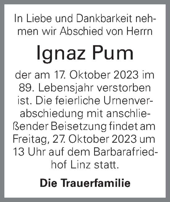 Traueranzeige von Ignaz Pum von OÖNachrichten