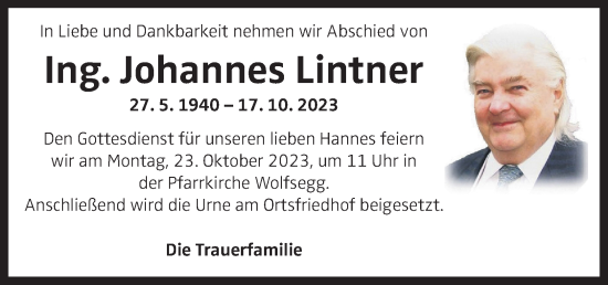 Traueranzeige von Johannes Lintner von OÖNachrichten