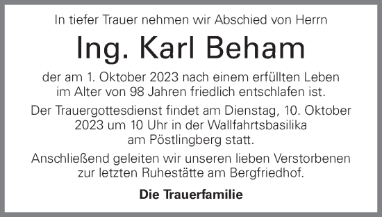 Traueranzeige von Karl Beham von OÖNachrichten