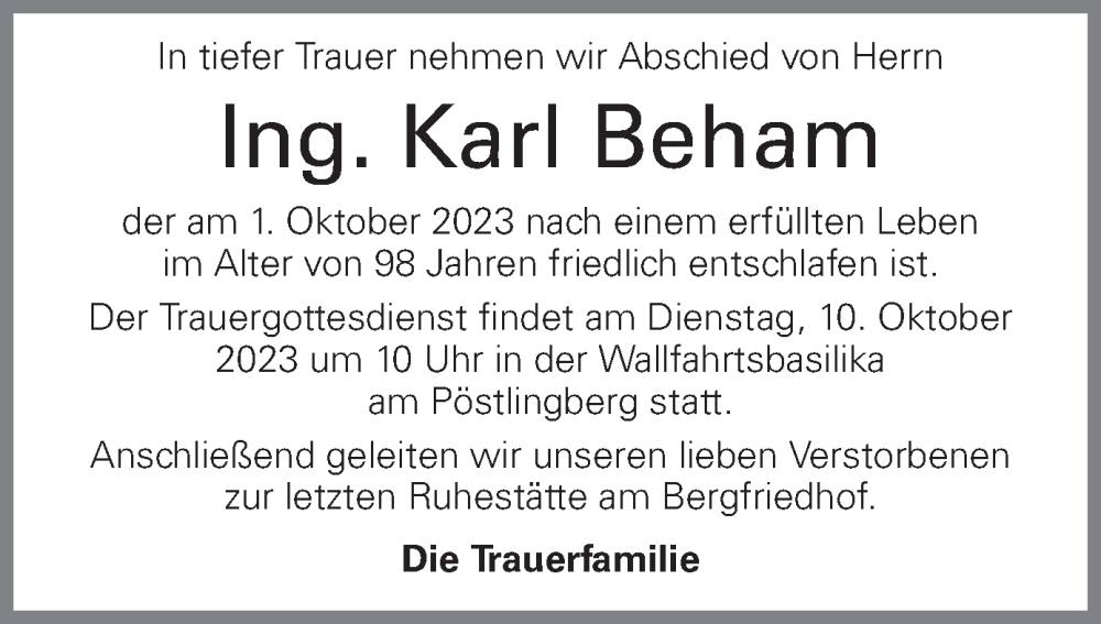  Traueranzeige für Karl Beham vom 09.10.2023 aus OÖNachrichten