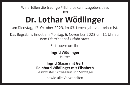 Traueranzeige von Lothar Wödlinger von OÖNachrichten