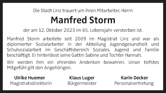 Traueranzeige von Manfred Storm von OÖNachrichten