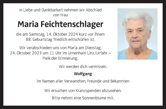 Traueranzeige von Maria Feichtenschlager von OÖNachrichten