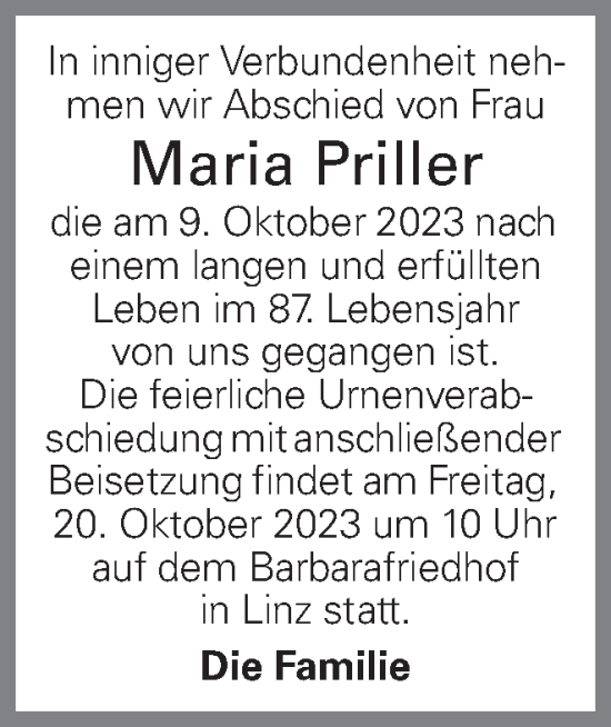 Traueranzeige von Maria Priller von OÖNachrichten