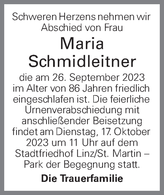 Traueranzeige von Maria Schmidleitner von OÖNachrichten