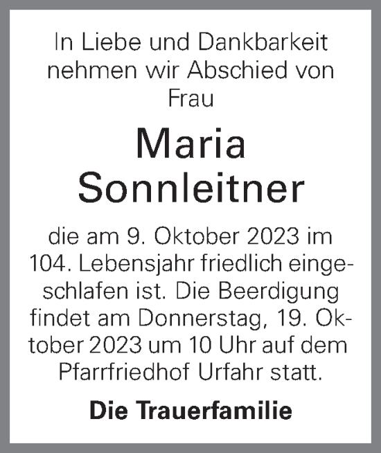 Traueranzeige von Maria Sonnleitner von OÖNachrichten