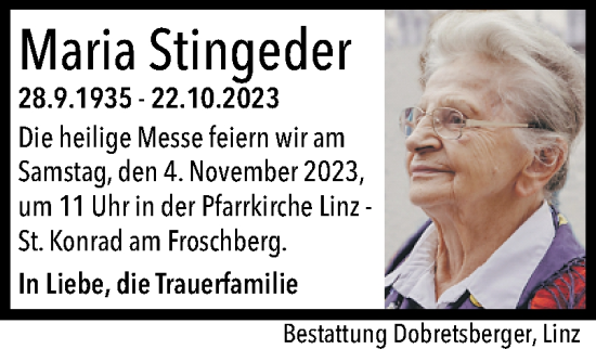 Traueranzeige von Maria Stingeder von OÖNachrichten