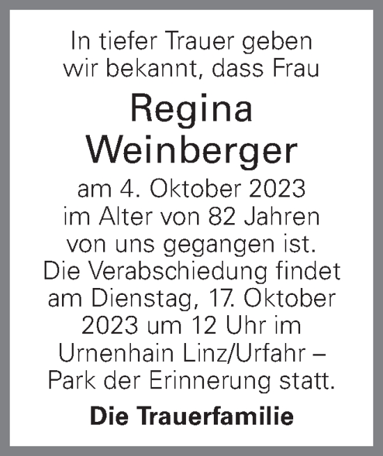 Traueranzeige von Regina Weinberger von OÖNachrichten