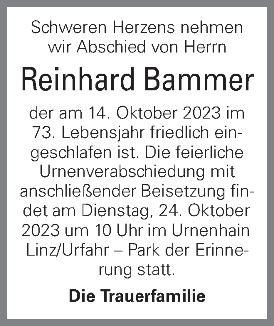 Traueranzeige von Reinhard Bammer von OÖNachrichten