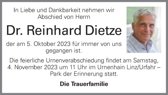 Traueranzeige von Reinhard Dietze von OÖNachrichten