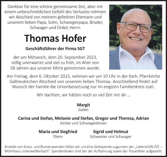 Traueranzeige von Thomas Hofer von OÖNachrichten