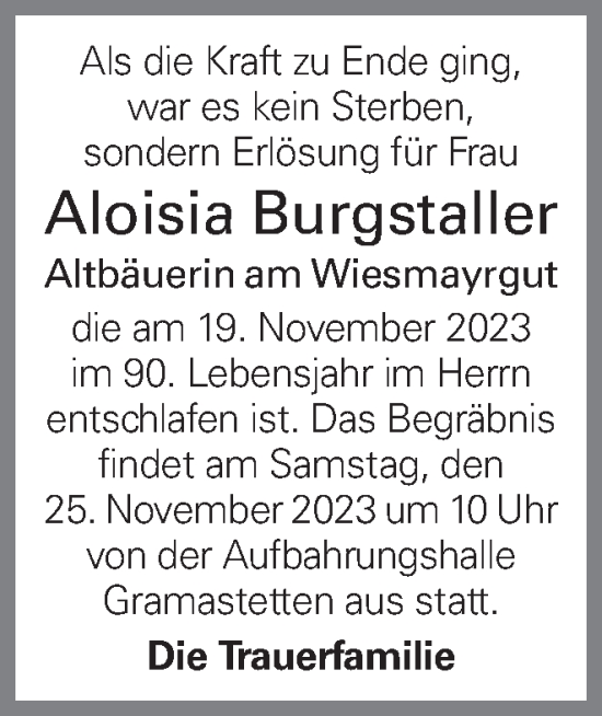 Traueranzeige von Aloisia Burgstaller von OÖNachrichten
