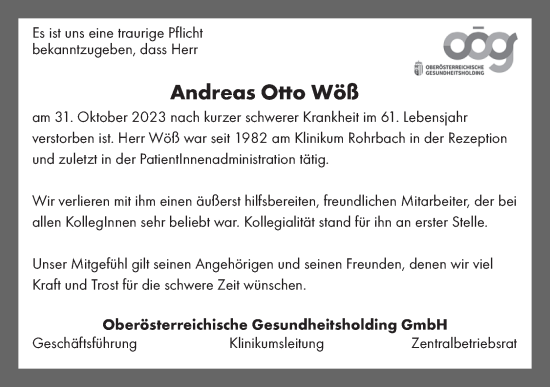 Traueranzeige von Andreas Otto Wöß von OÖNachrichten
