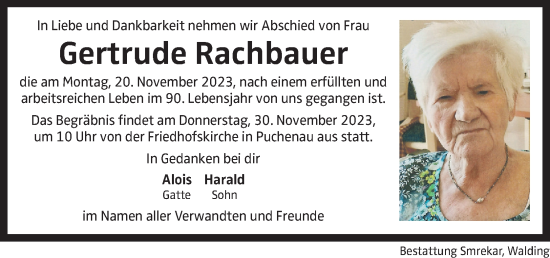 Traueranzeige von Bestattungen Rachbauer von OÖNachrichten