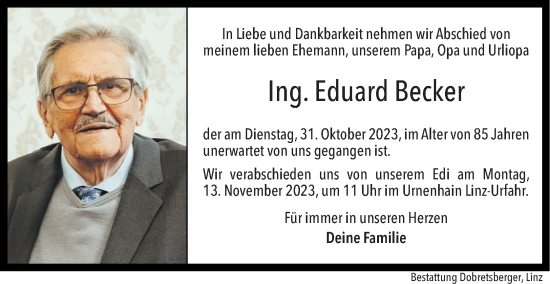Traueranzeige von Eduard Becker von OÖNachrichten
