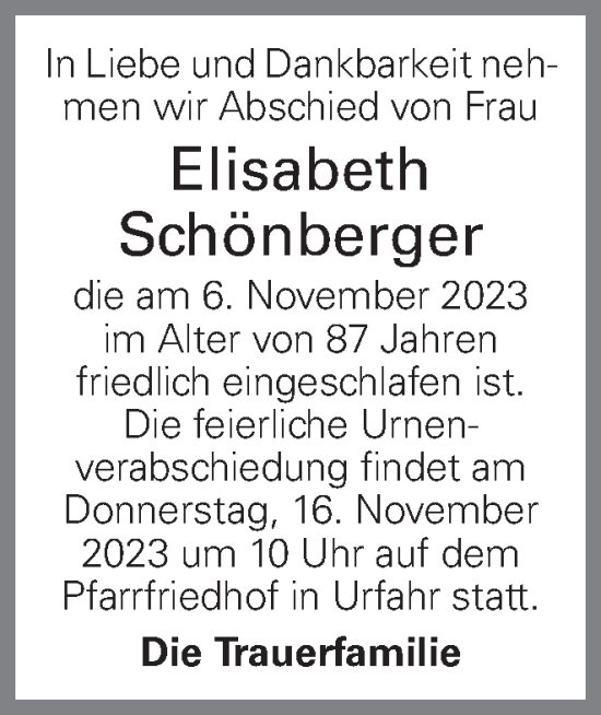 Traueranzeige von Elisabeth Schönberger von OÖNachrichten