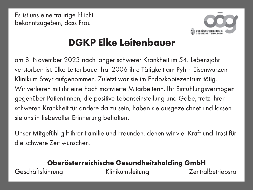  Traueranzeige für Elke Leitenbauer vom 15.11.2023 aus OÖNachrichten