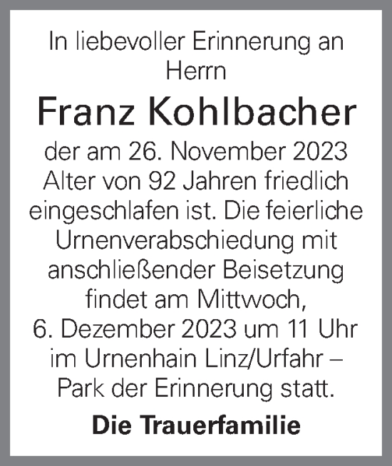 Traueranzeige von Franz Kohlbacher von OÖNachrichten