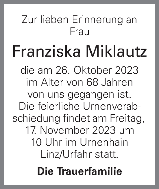 Traueranzeige von Franziska Miklautz von OÖNachrichten