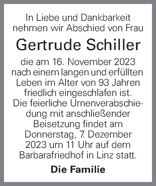 Traueranzeige von Gertrude Schiller von OÖNachrichten