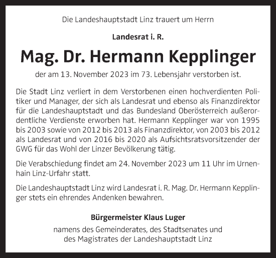 Traueranzeige von Hermann Kepplinger von OÖNachrichten