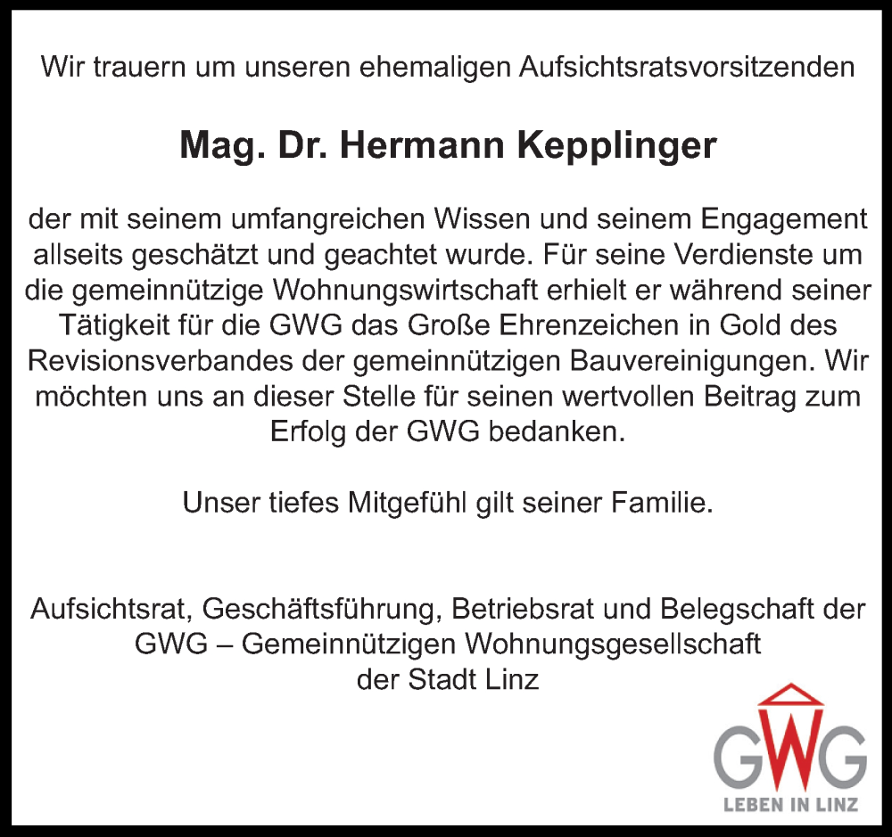  Traueranzeige für Hermann Kepplinger vom 18.11.2023 aus OÖNachrichten