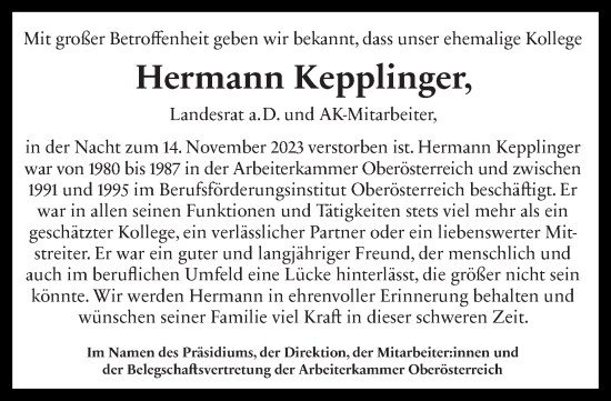 Traueranzeige von Hermann Kepplinger von OÖNachrichten