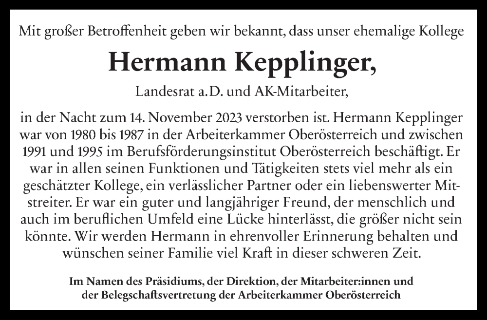  Traueranzeige für Hermann Kepplinger vom 17.11.2023 aus OÖNachrichten