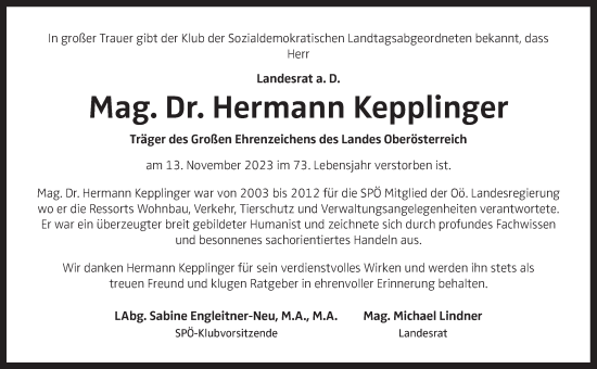 Traueranzeige von Hermann Kepplinger von OÖNachrichten