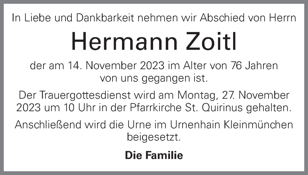  Traueranzeige für Hermann Zoitl vom 18.11.2023 aus OÖNachrichten