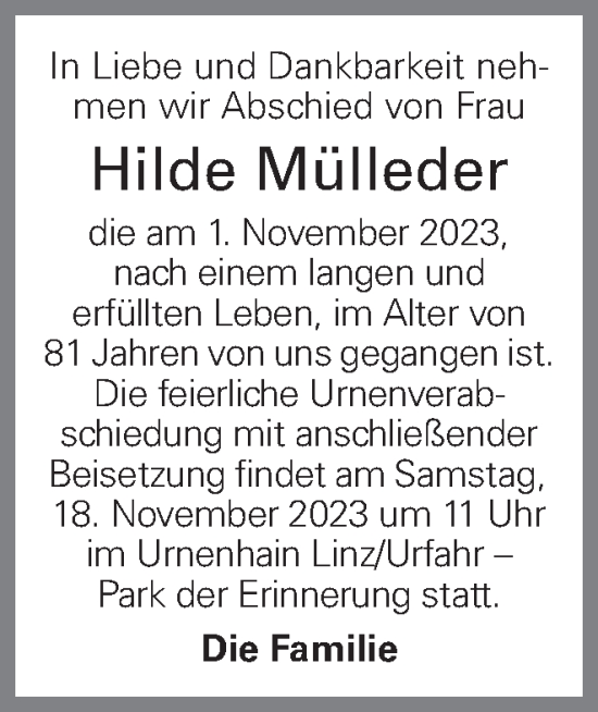 Traueranzeige von Hilde Mülleder von OÖNachrichten
