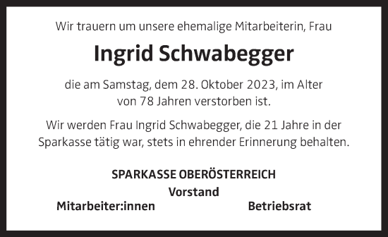 Traueranzeige von Ingrid Schwabegger von OÖNachrichten