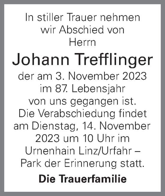 Traueranzeige von Johann Trefflinger von OÖNachrichten