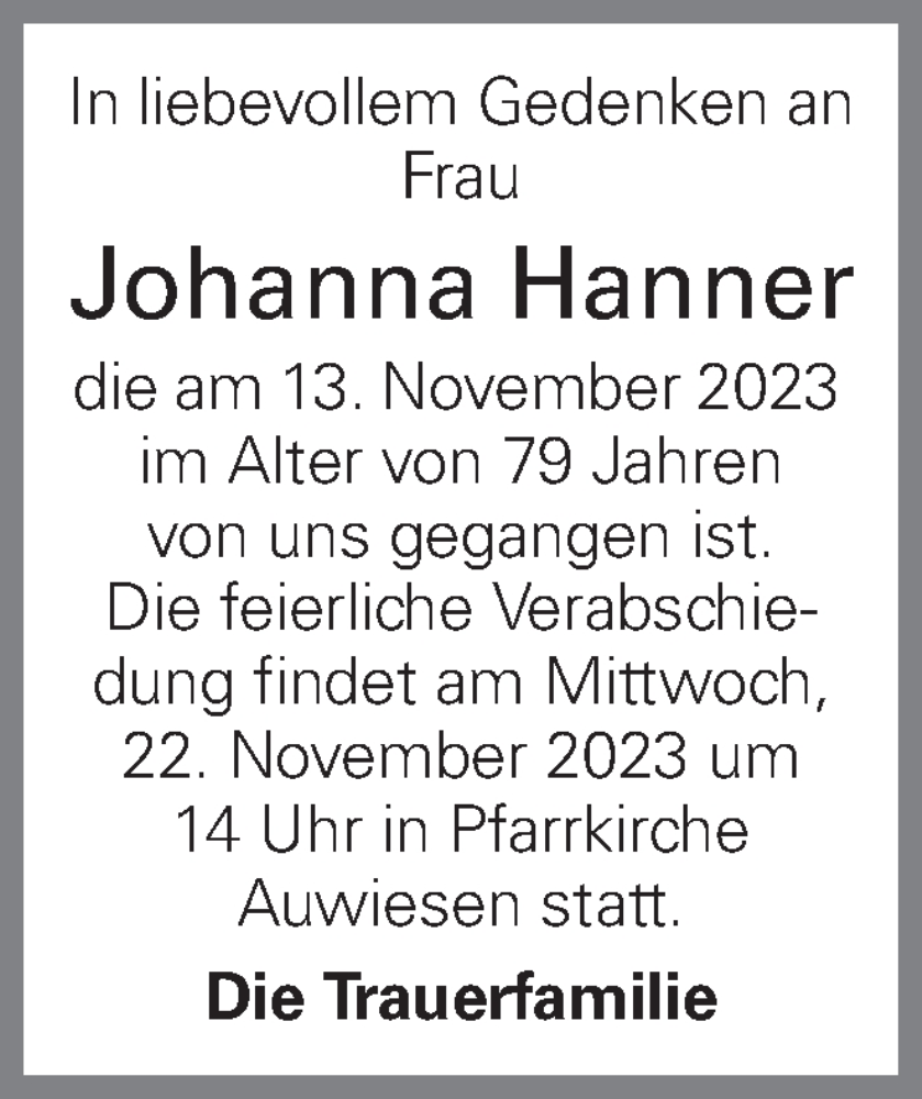  Traueranzeige für Johanna Hanner vom 16.11.2023 aus OÖNachrichten