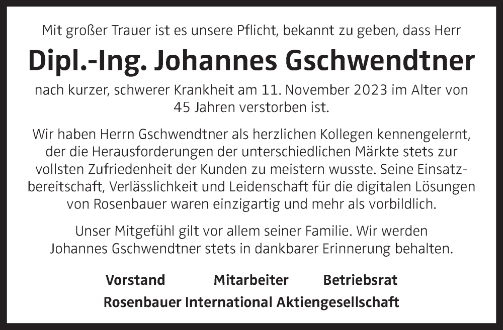  Traueranzeige für Johannes Gschwendtner vom 21.11.2023 aus OÖNachrichten
