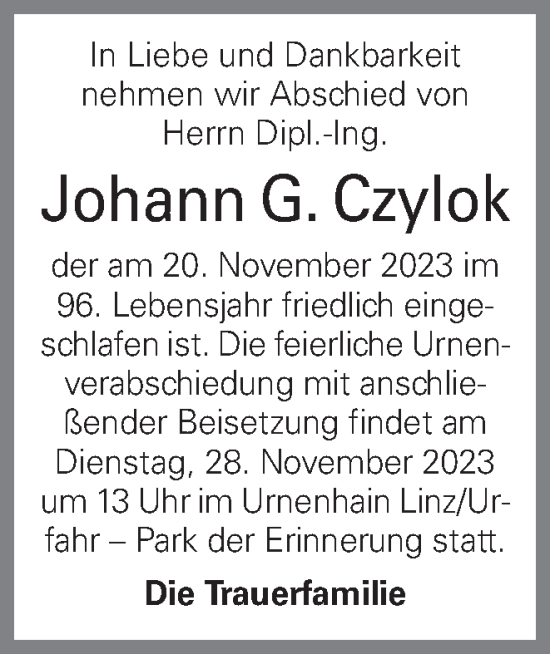 Traueranzeige von Johann G. Czylok von OÖNachrichten