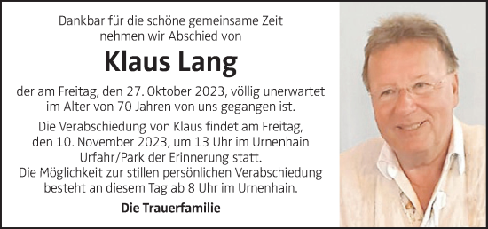 Traueranzeige von Klaus Lang von OÖNachrichten