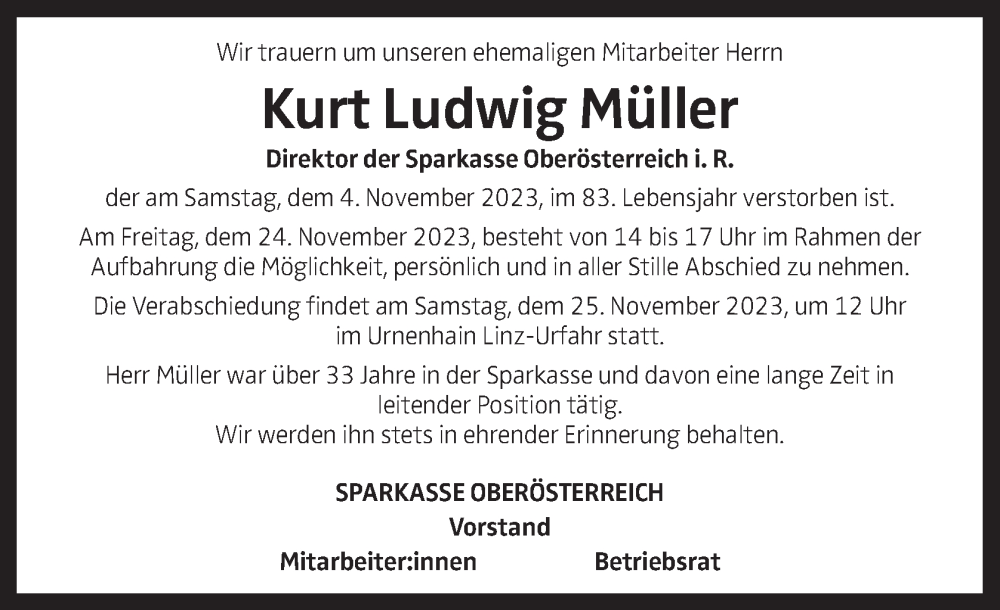  Traueranzeige für Kurt Ludwig Müller vom 21.11.2023 aus OÖNachrichten
