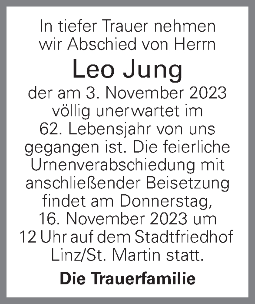  Traueranzeige für Leo Jung vom 13.11.2023 aus OÖNachrichten