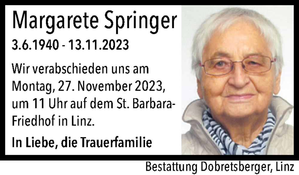  Traueranzeige für Margarete Springer vom 18.11.2023 aus OÖNachrichten