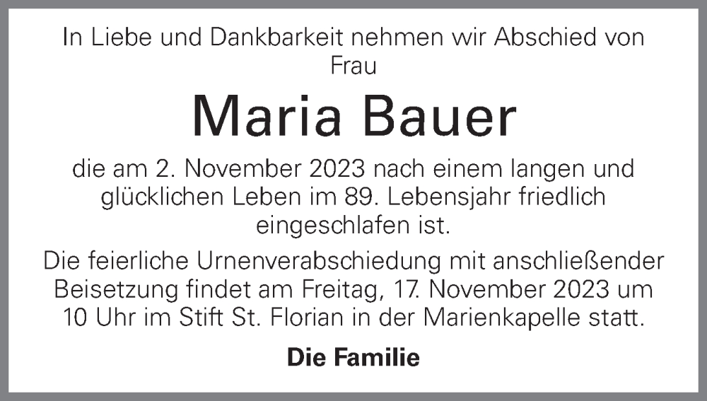  Traueranzeige für Maria Bauer vom 11.11.2023 aus OÖNachrichten