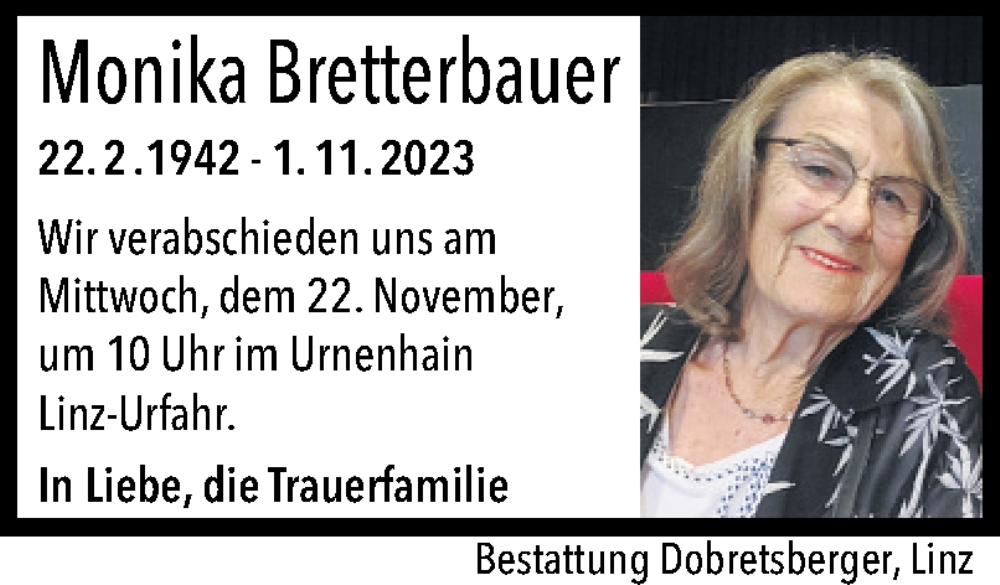  Traueranzeige für Monika Bretterbauer vom 11.11.2023 aus OÖNachrichten