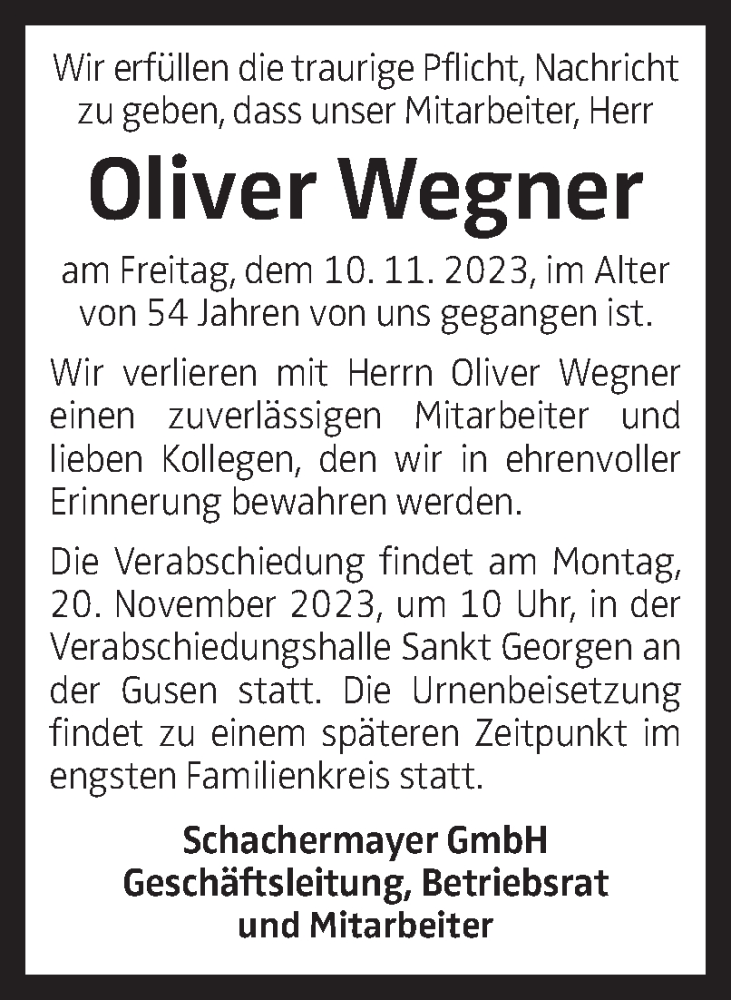  Traueranzeige für Oliver Wegner vom 15.11.2023 aus OÖNachrichten