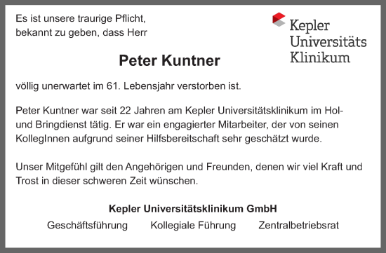 Traueranzeige von Peter Kuntner von OÖNachrichten