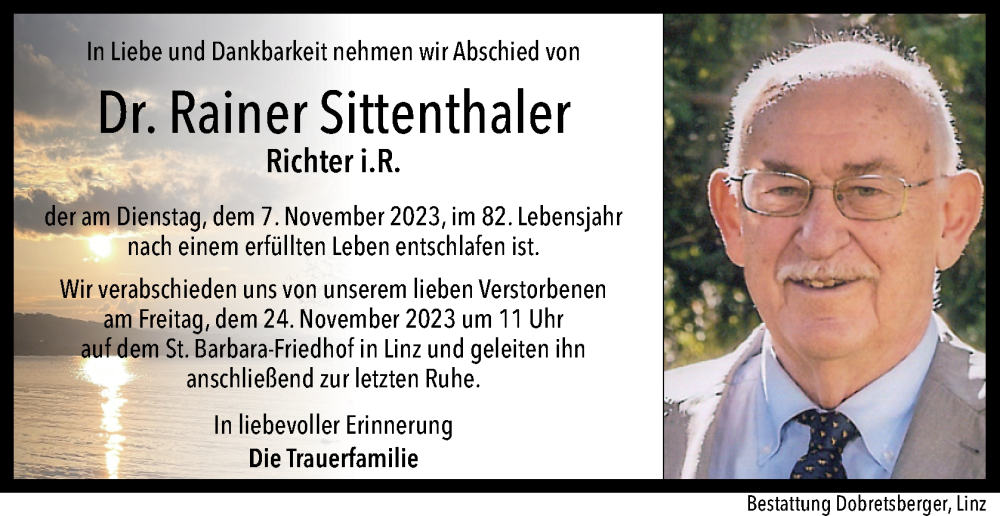  Traueranzeige für Rainer Sittenthaler vom 18.11.2023 aus OÖNachrichten