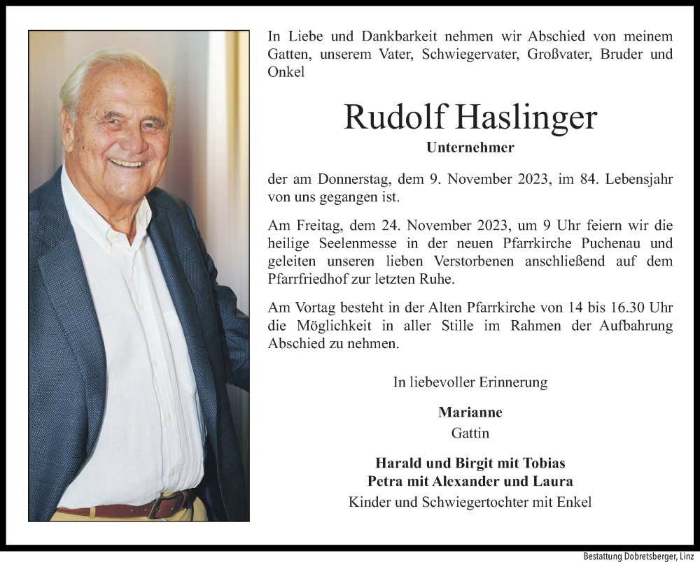  Traueranzeige für Rudolf Haslinger vom 18.11.2023 aus OÖNachrichten