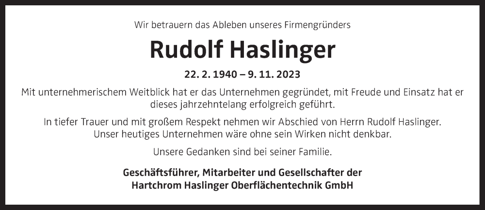  Traueranzeige für Rudolf Haslinger vom 18.11.2023 aus OÖNachrichten