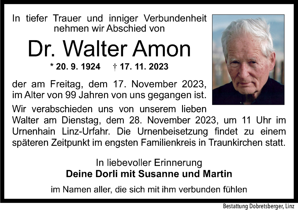  Traueranzeige für Walter Amon vom 25.11.2023 aus OÖNachrichten