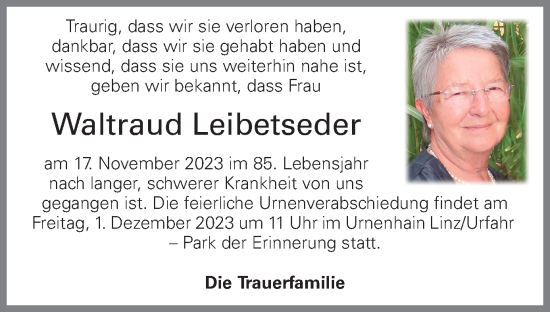 Traueranzeige von Waltraud Leibetseder von OÖNachrichten