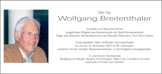 Traueranzeige von Wolfgang Breitenthaler von OÖNachrichten
